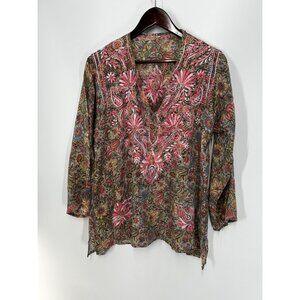 WOMEN'S LARGE FLORAL EMBROIDERED SILK LONG SLEEVE TOP